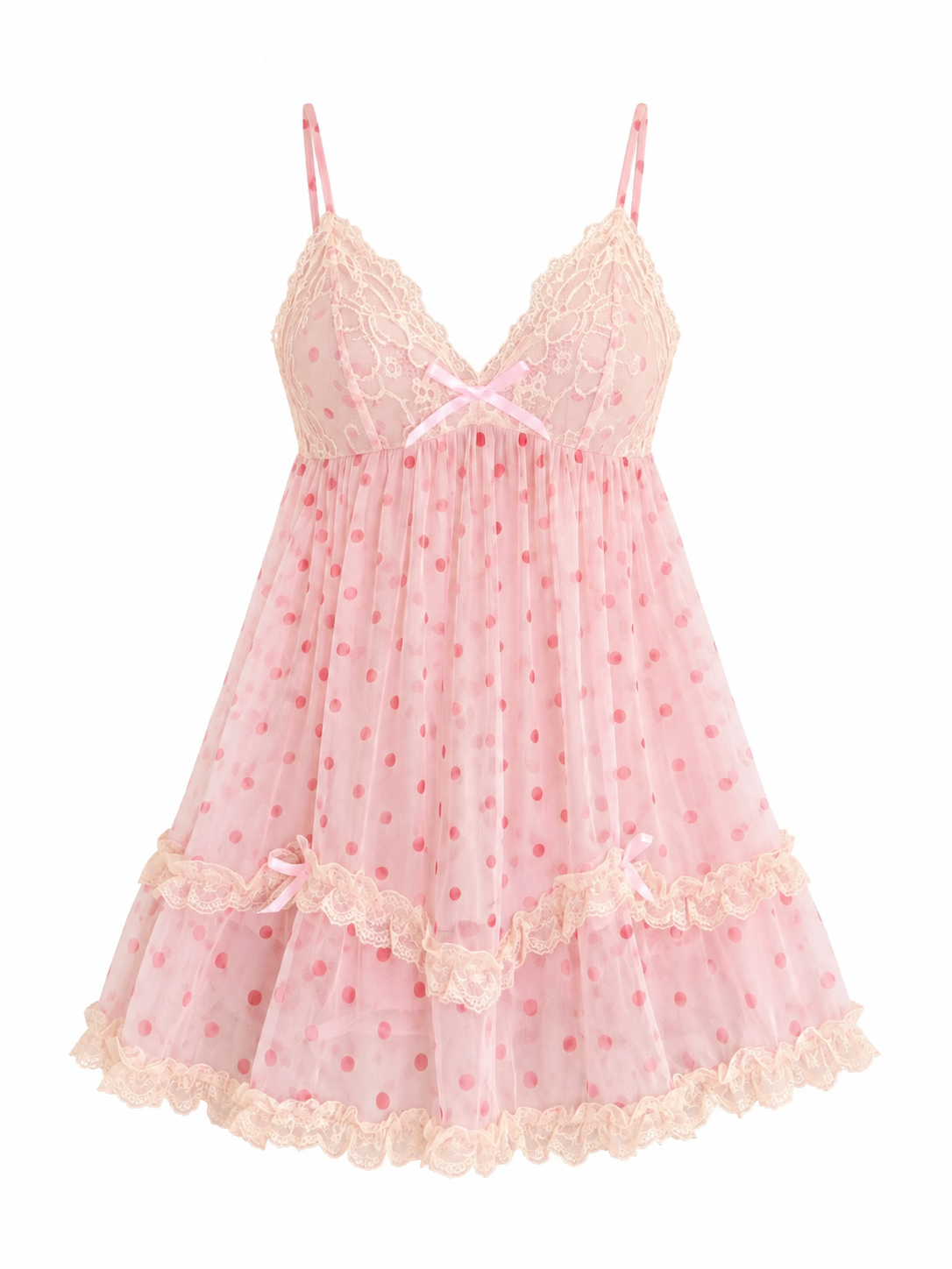 Soft Noir pink polka dot lace babydoll nightgown on white background