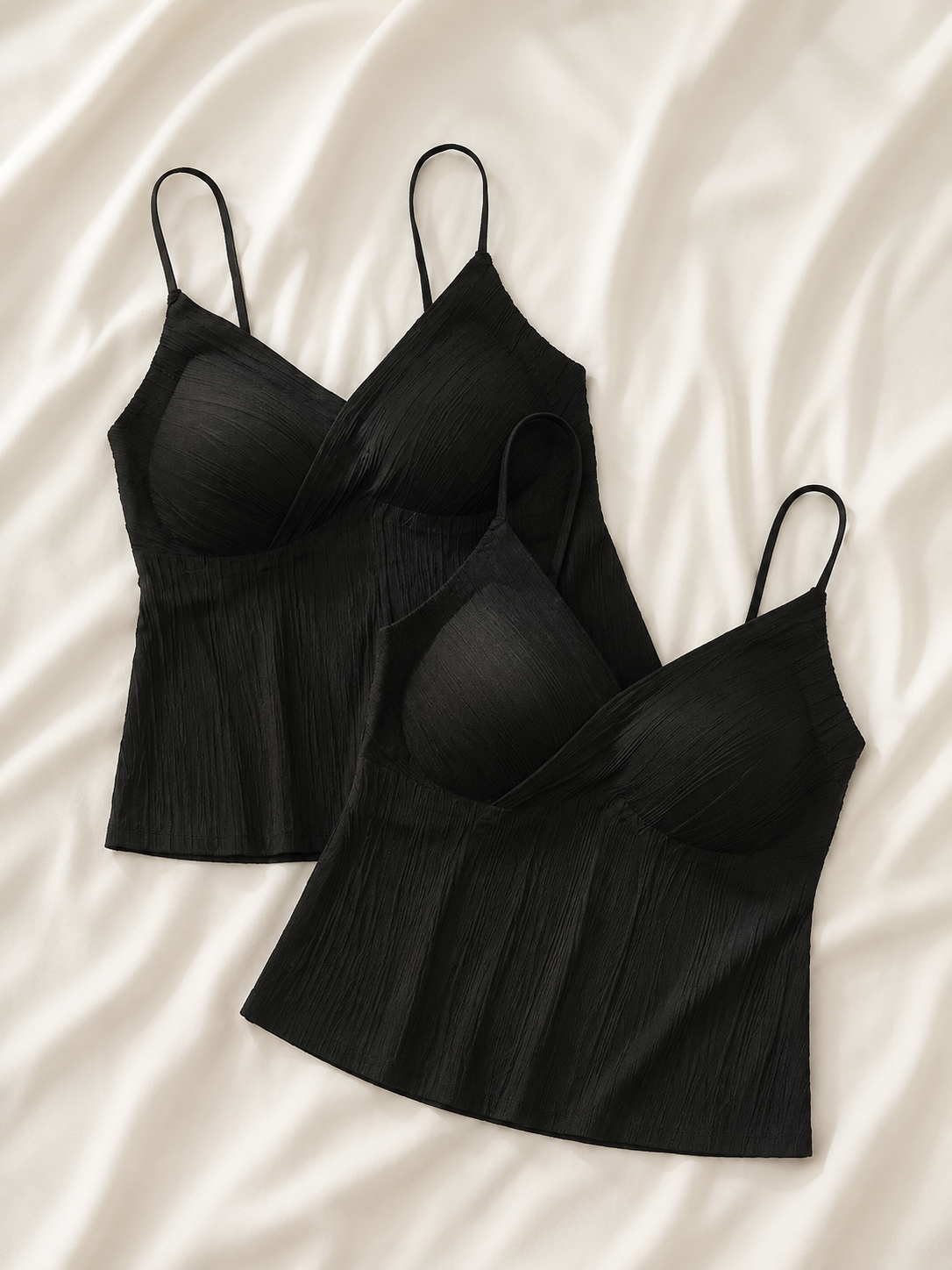Soft Noir Pleated Built-In Bra Camisole in black for refined lingerie styling