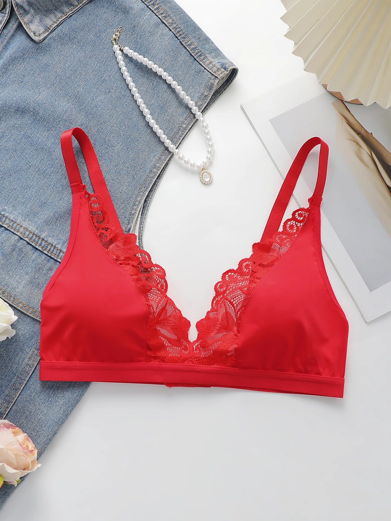 Soft Noir red satin soft lace trim wireless bralette flat lay