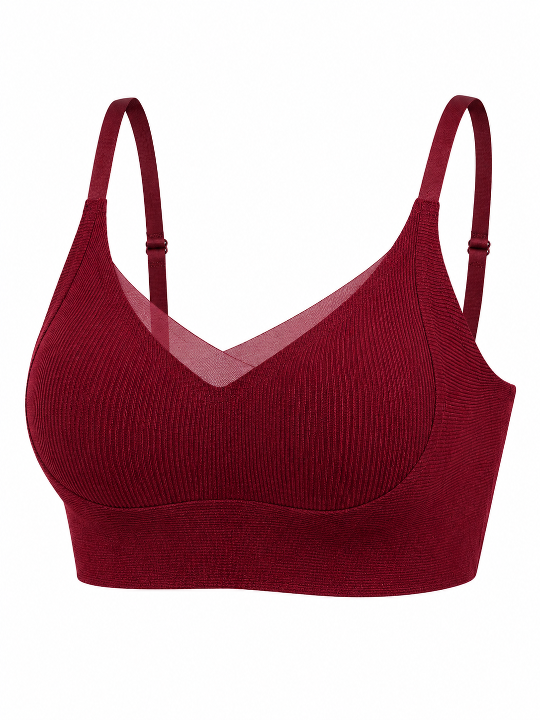 Soft Noir burgundy ribbed wireless comfort bra with sheer mesh neckline