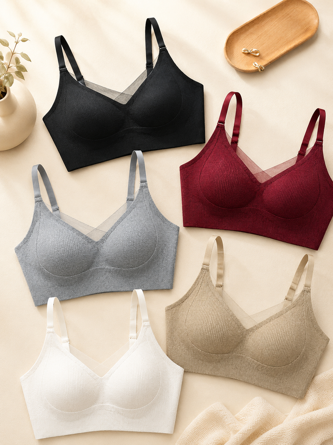 Soft Noir ribbed wireless comfort bras in multiple colors flat lay display