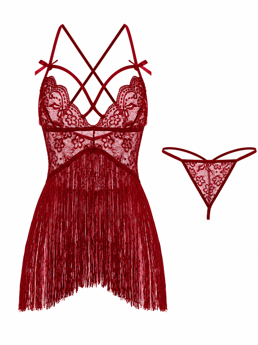 Soft Noir ruby red lace fringe babydoll lingerie set with matching thong on white background