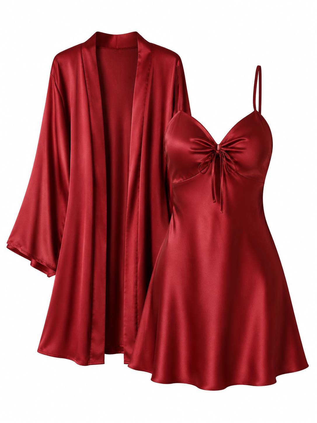 Soft Noir ruby red satin bow slip dress and matching robe set on white background
