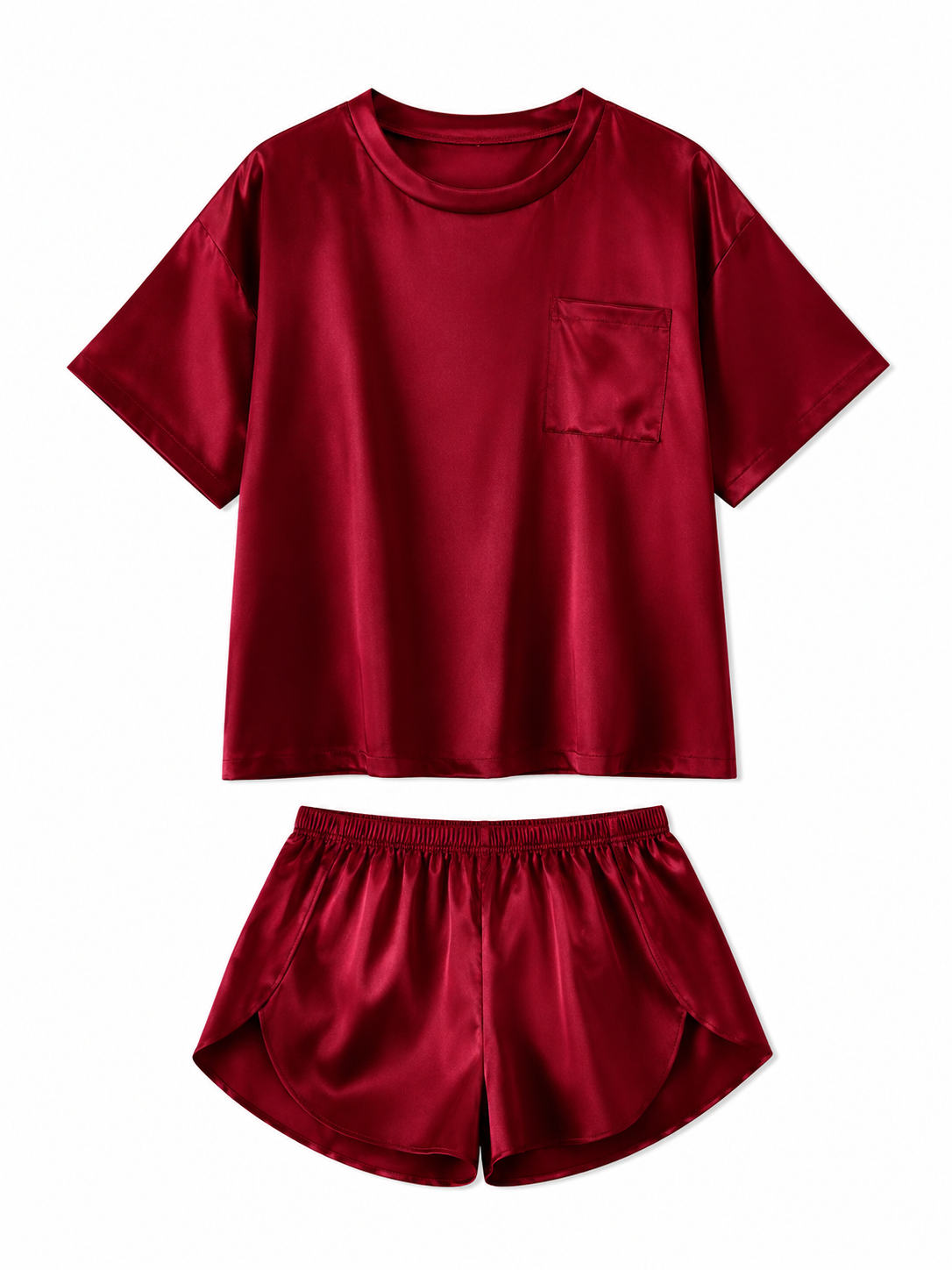 Soft Noir ruby red satin short sleeve pajama shorts set on white background
