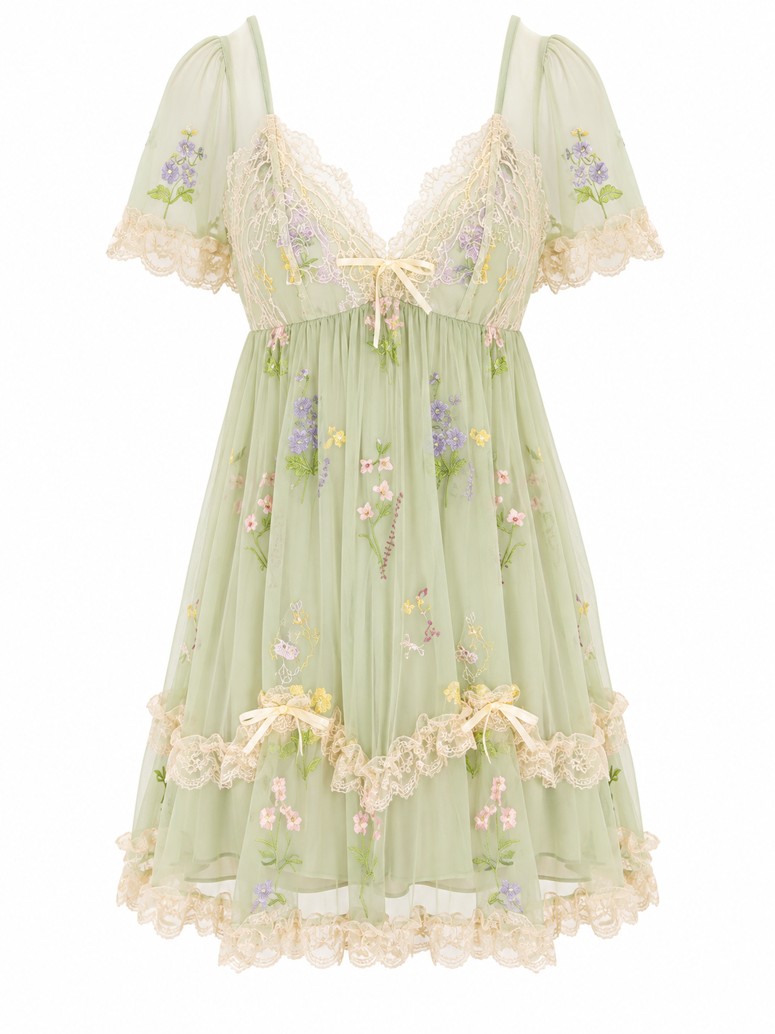Soft Noir sage green floral embroidered lace babydoll nightgown on white background