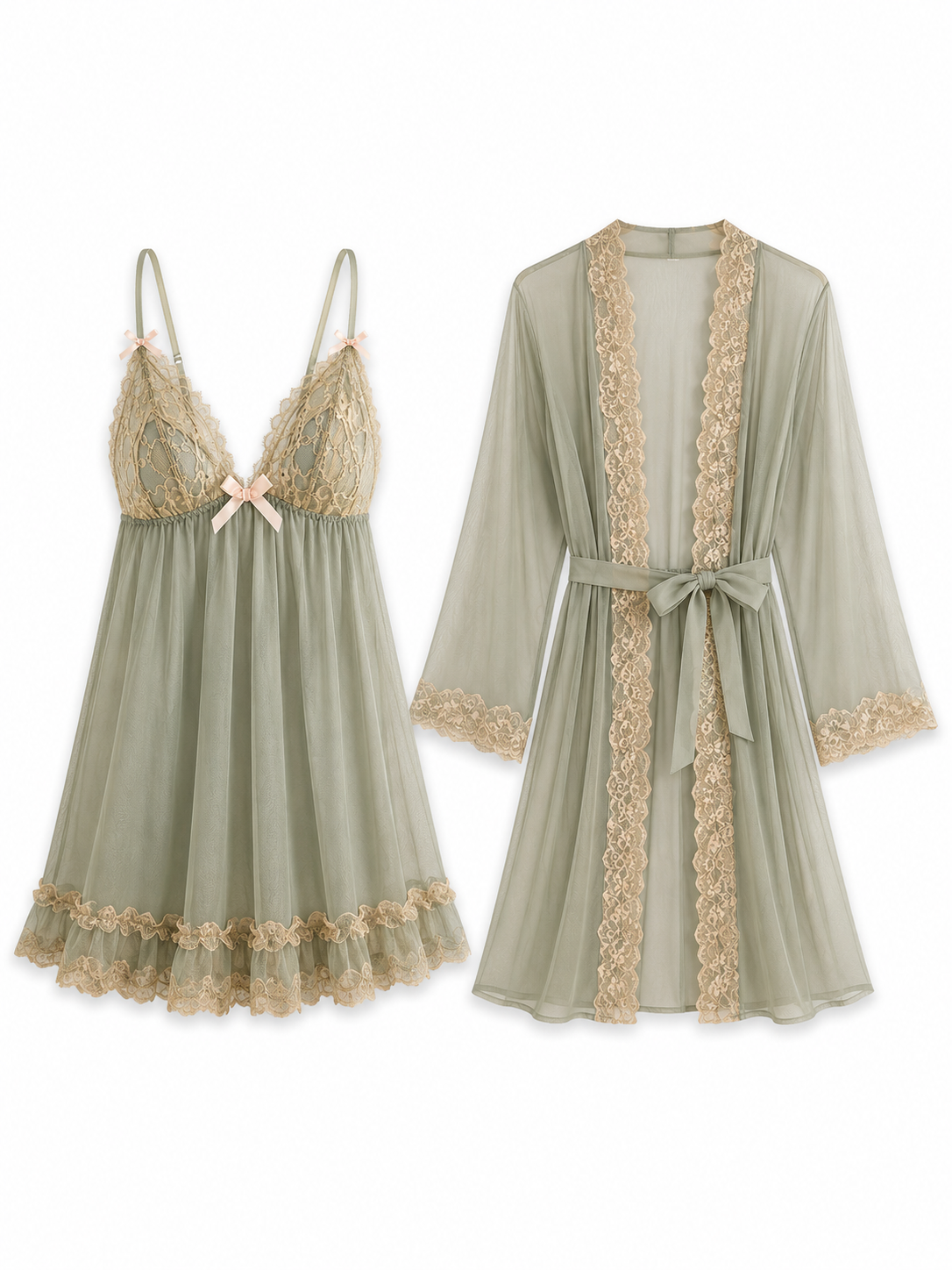 Soft Noir sage green sheer lace babydoll and matching robe set
