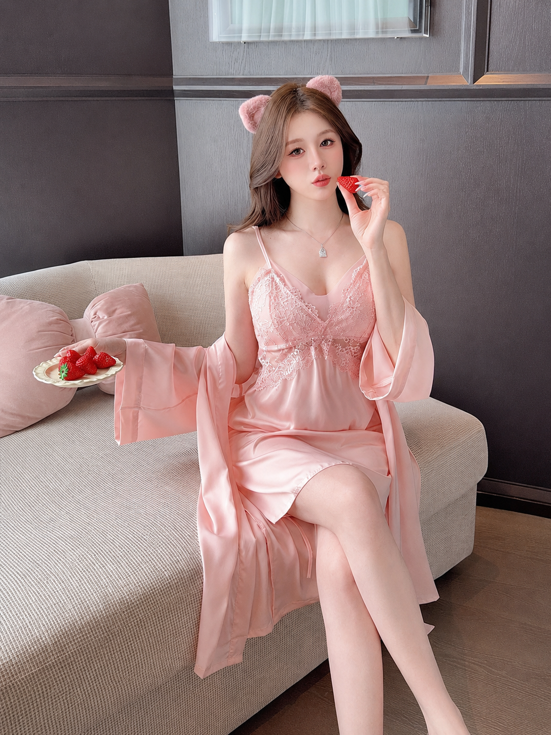 Soft Noir Satin Lace Robe and Chemise Set in blush pink model view