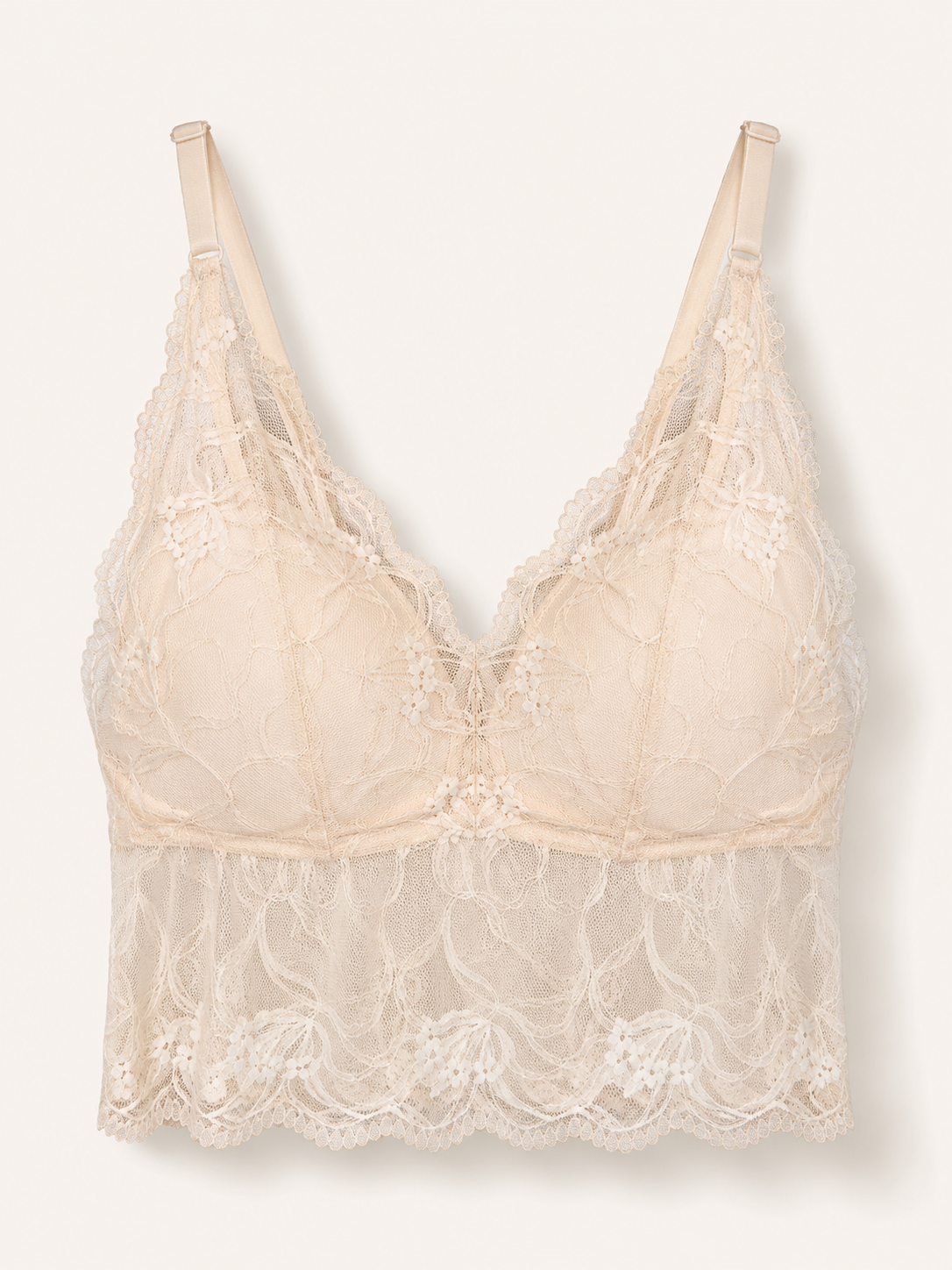 Soft Noir Seamless Lace Built-In Bra Camisole in cream beige for refined lingerie styling