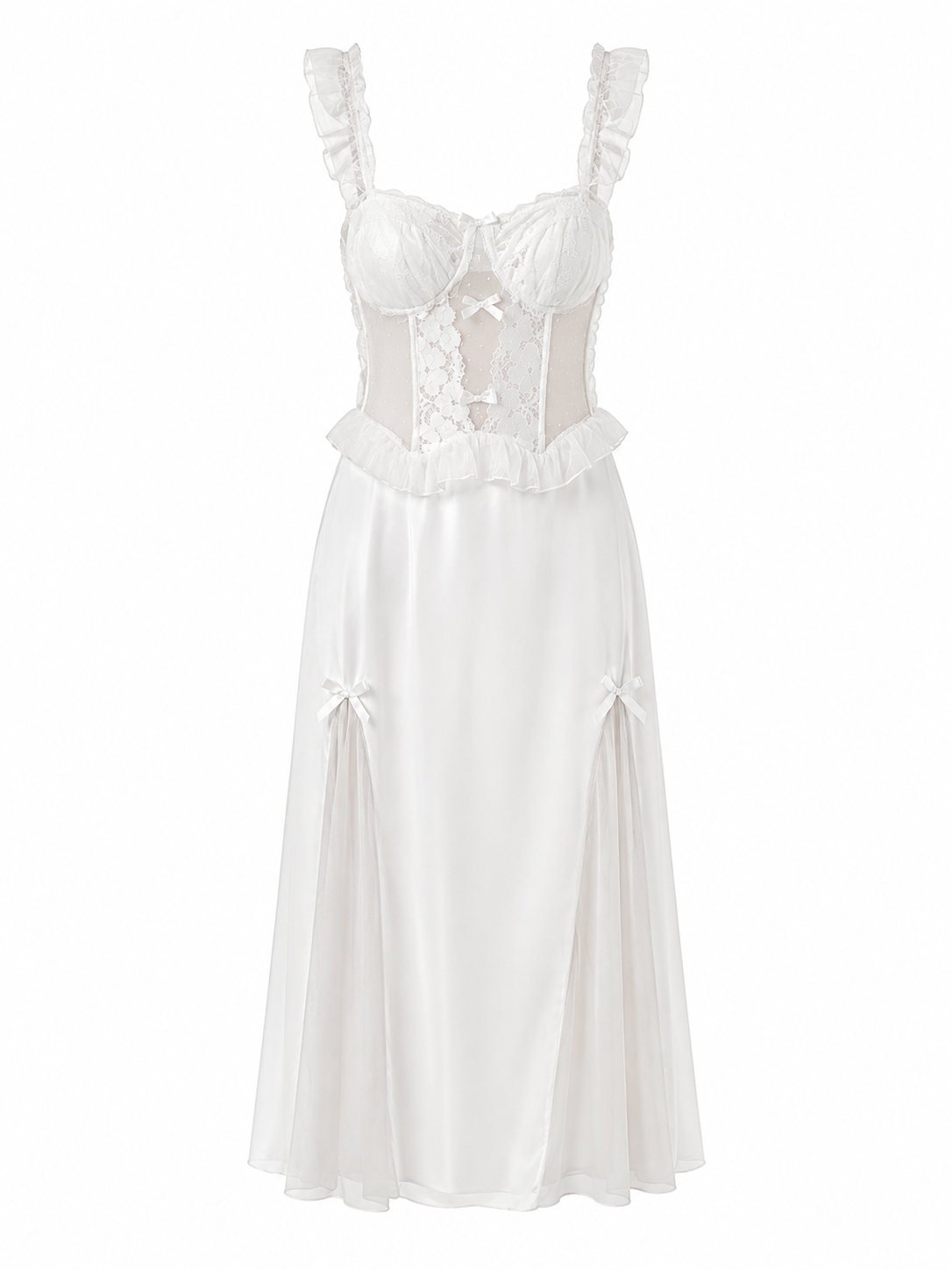 Soft ivory lace ruffle strap midi nightgown on white background