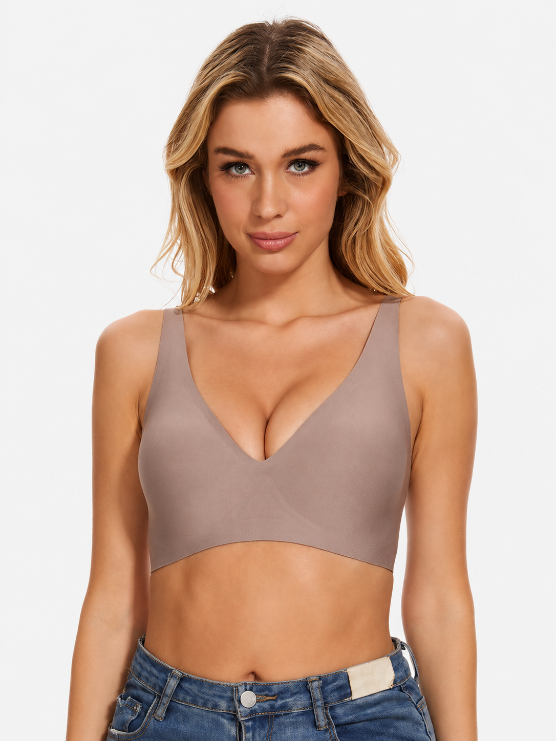 Model wearing Soft Noir taupe gray wireless seamless comfort bra