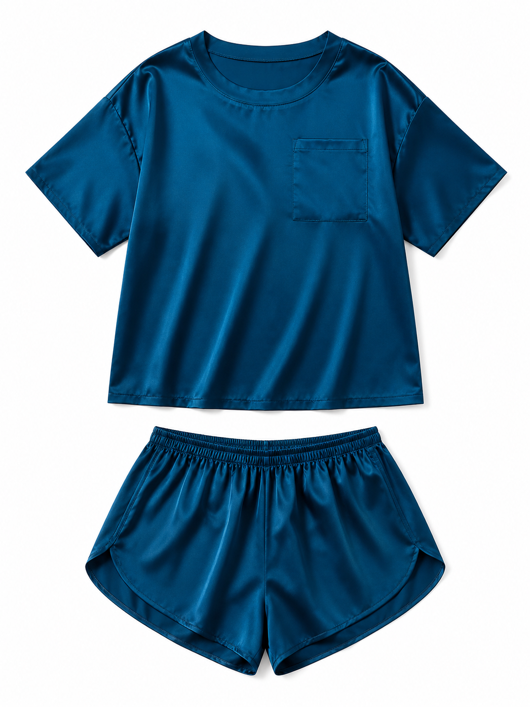 Soft Noir teal blue satin short sleeve pajama shorts set on white background