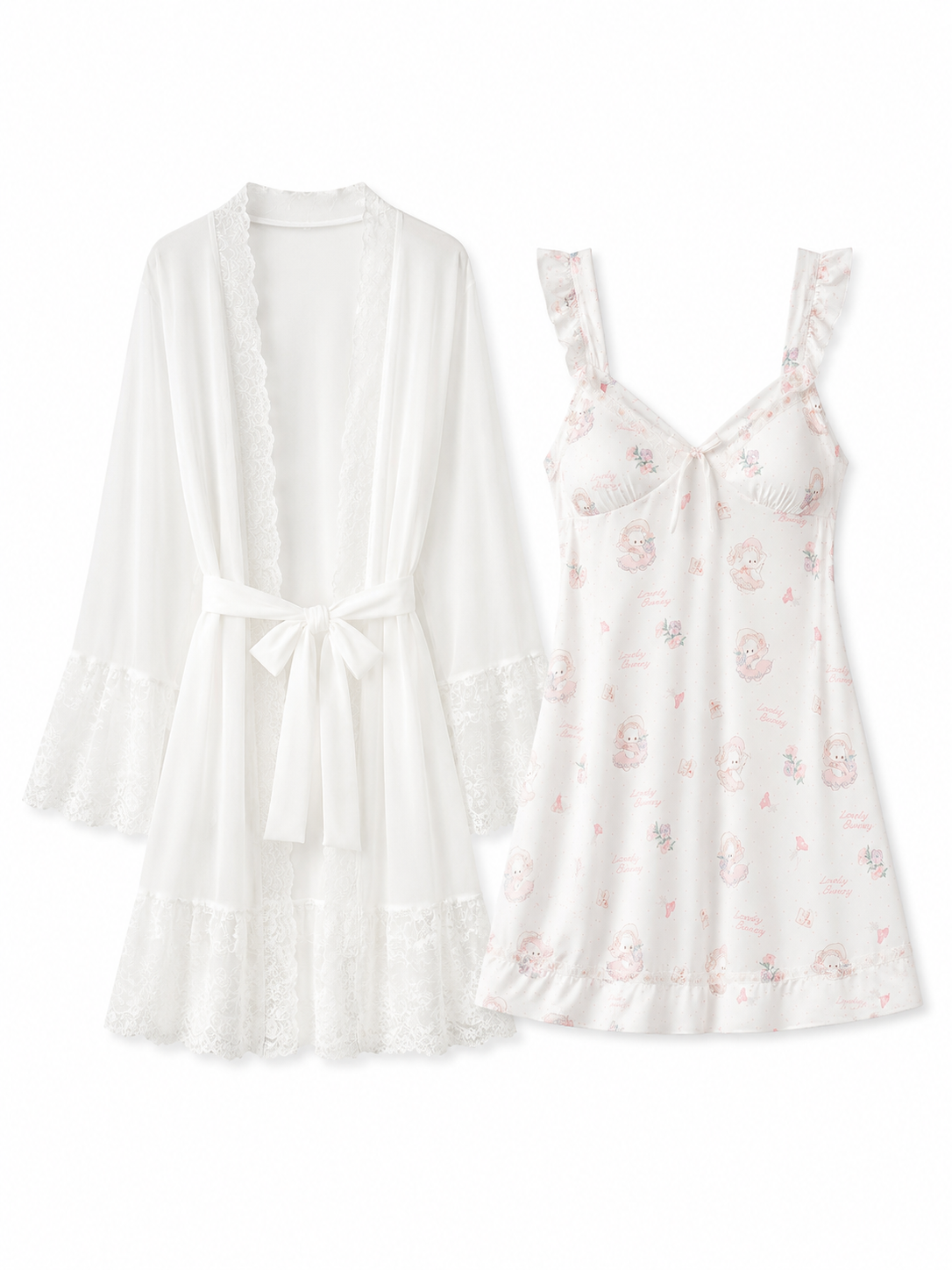 White bunny print chemise and lace robe set on white background