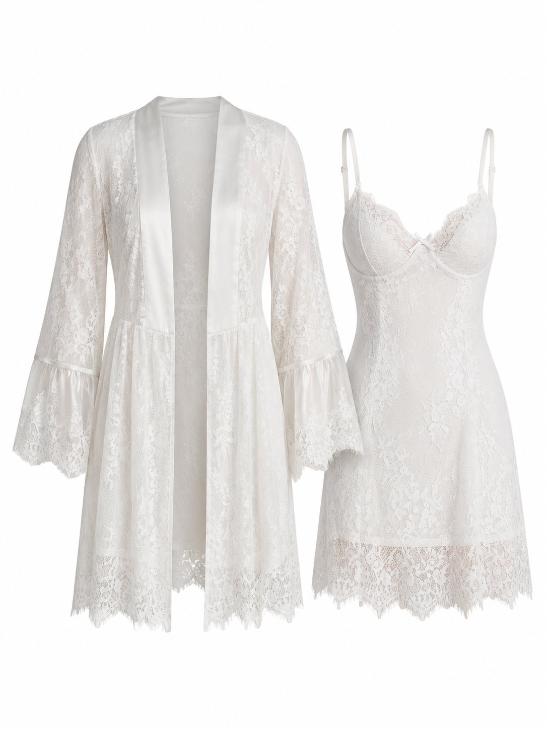 Soft Noir white floral lace chemise nightdress and matching robe set on white background