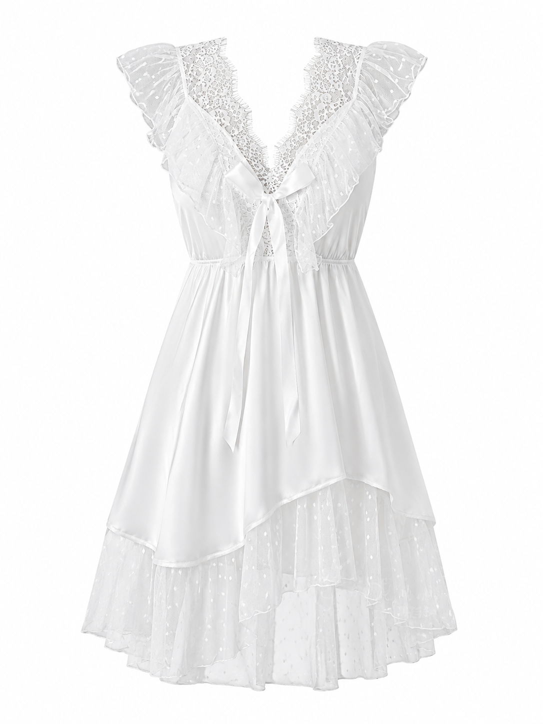 Soft Noir white lace ruffle mesh nightdress with bow front on white background