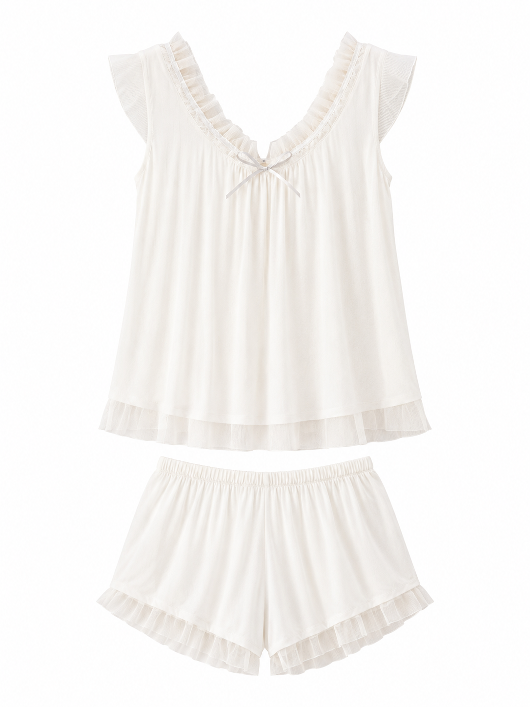 Soft Noir white sheer ruffle cami pajama set on white background