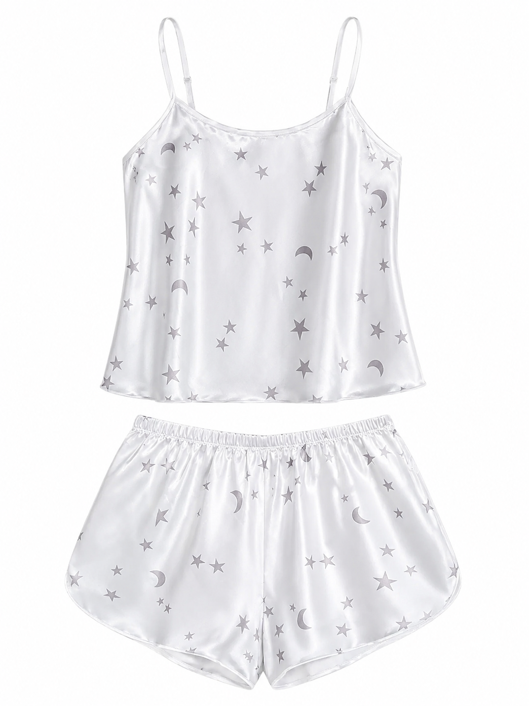Soft Noir white star and moon satin cami pajama set on white background