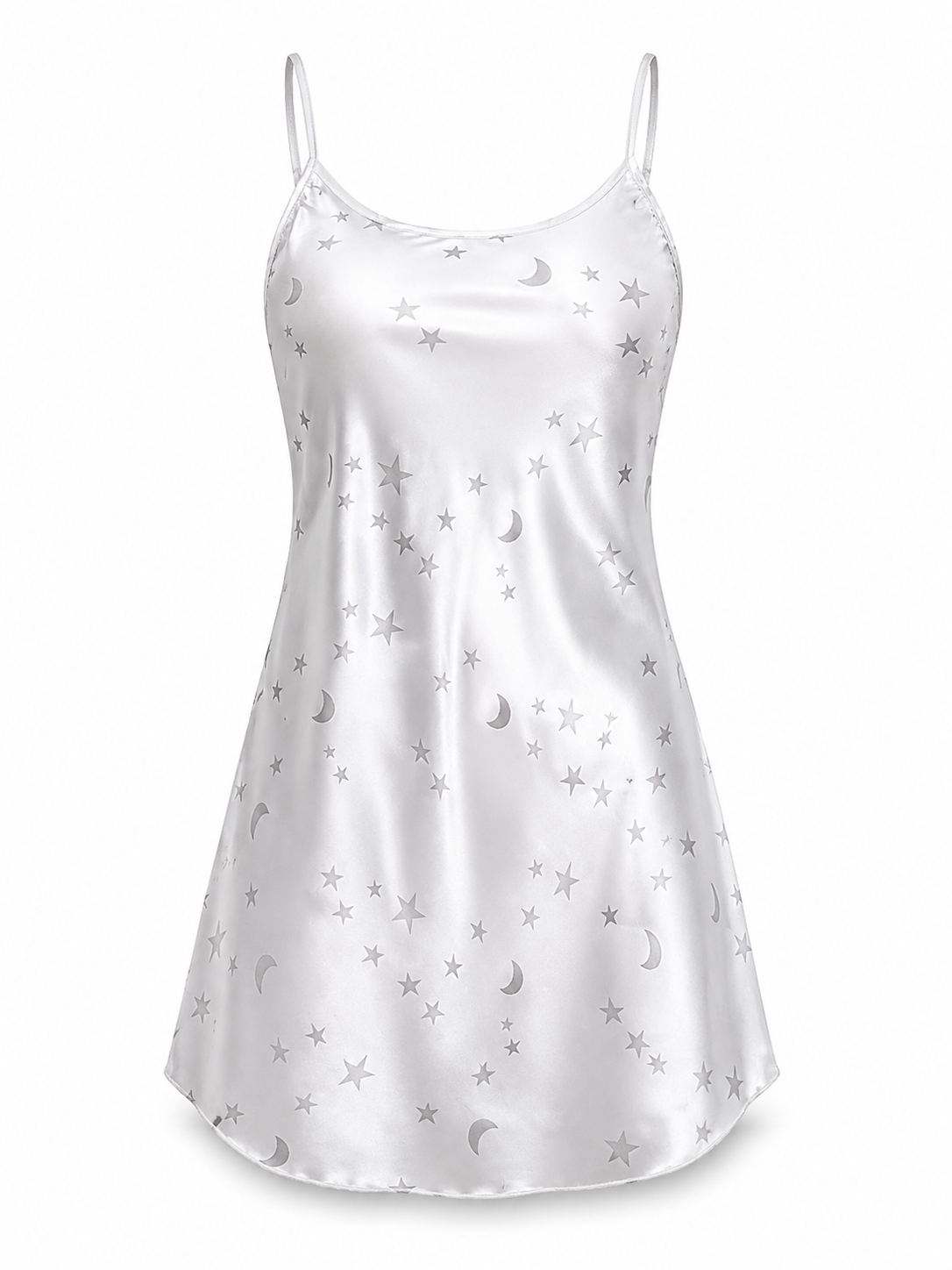 Soft Noir white star moon satin slip dress on white background