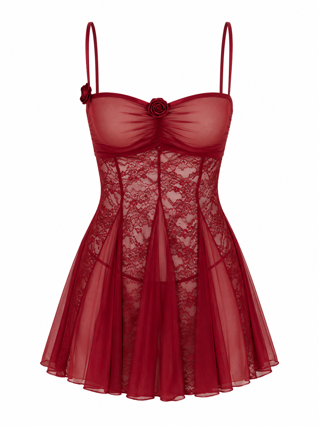 Soft Noir wine red rose lace sheer babydoll chemise nightdress on white background