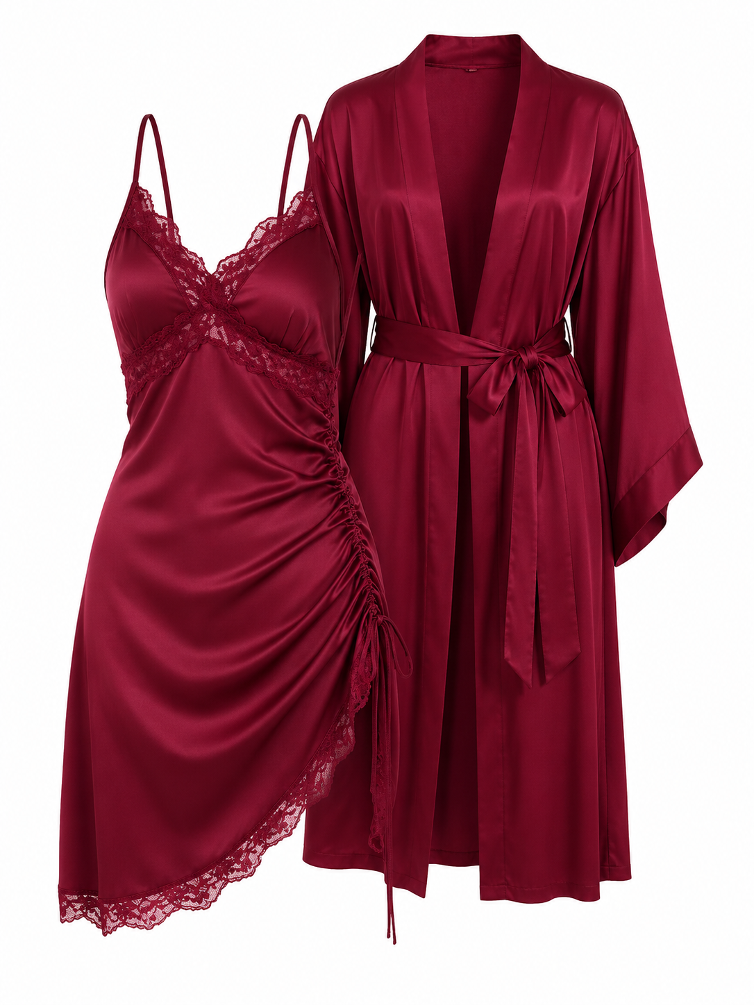 Soft Noir wine red ruched satin chemise and robe set on white background