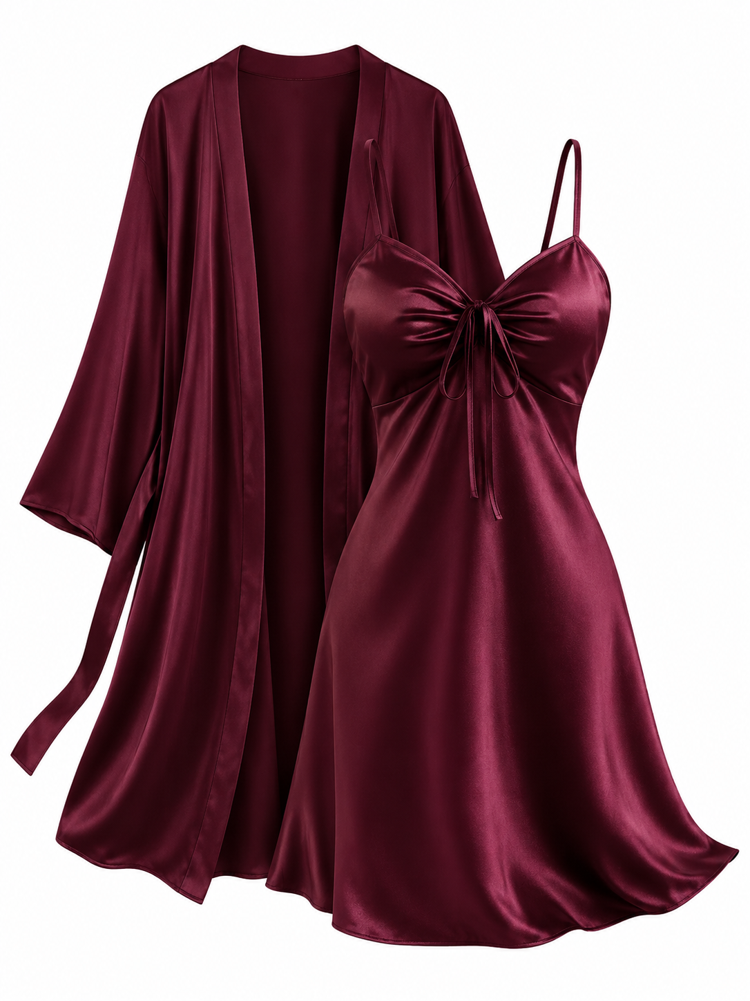 Soft Noir wine red bow front satin slip dress and robe set