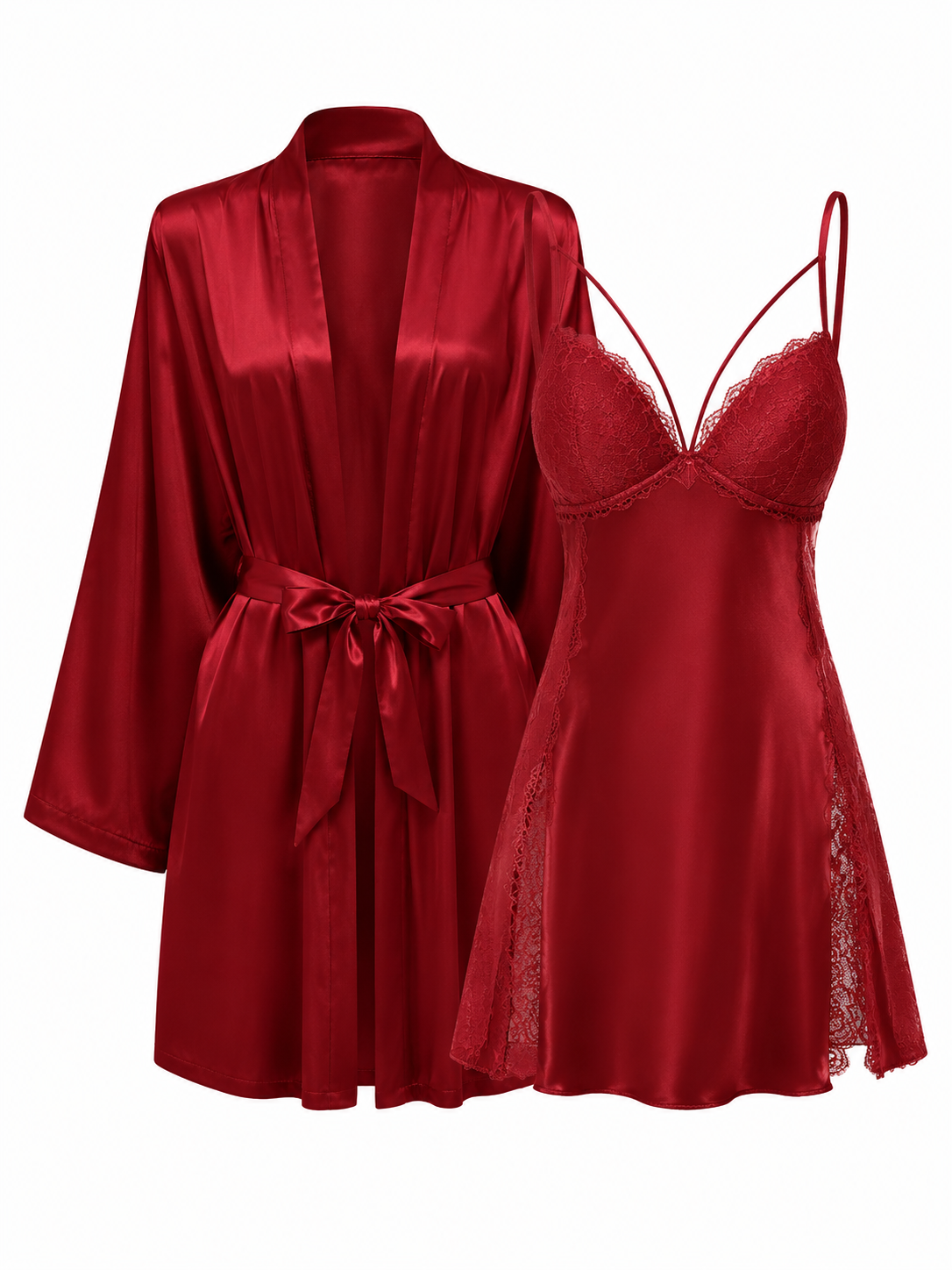 Soft Noir wine red satin lace chemise nightdress and matching robe set on white background