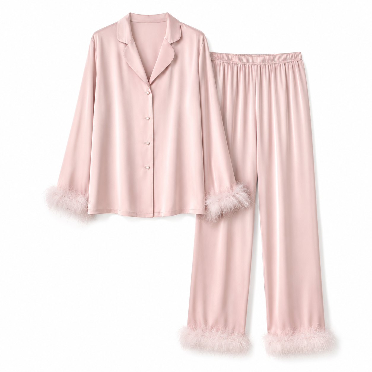 Blush pink feather trim satin pajama set with button-up top and matching pants