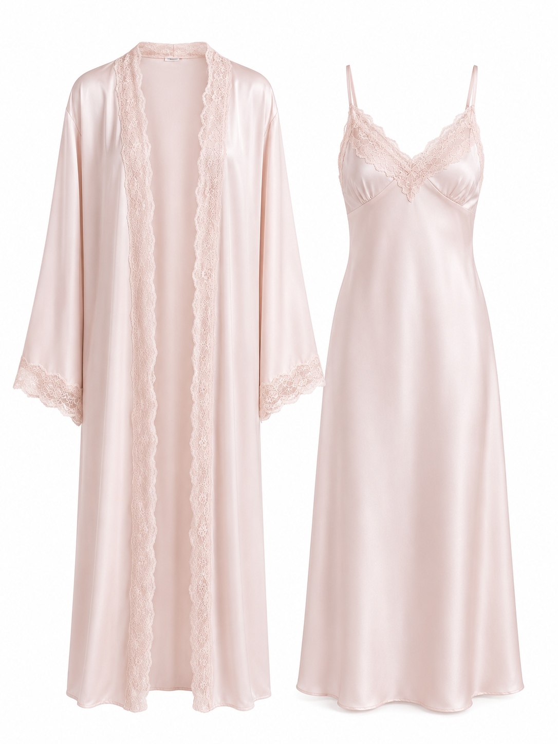 Blush pink satin slip dress and robe set with lace trim by Soft Noir