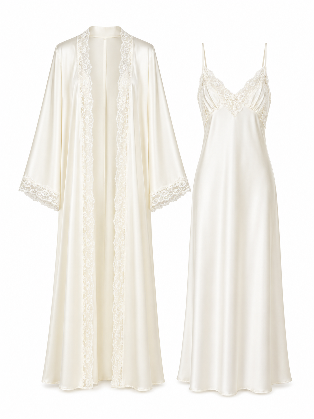 Ivory satin slip dress and robe set with lace trim by Soft Noir