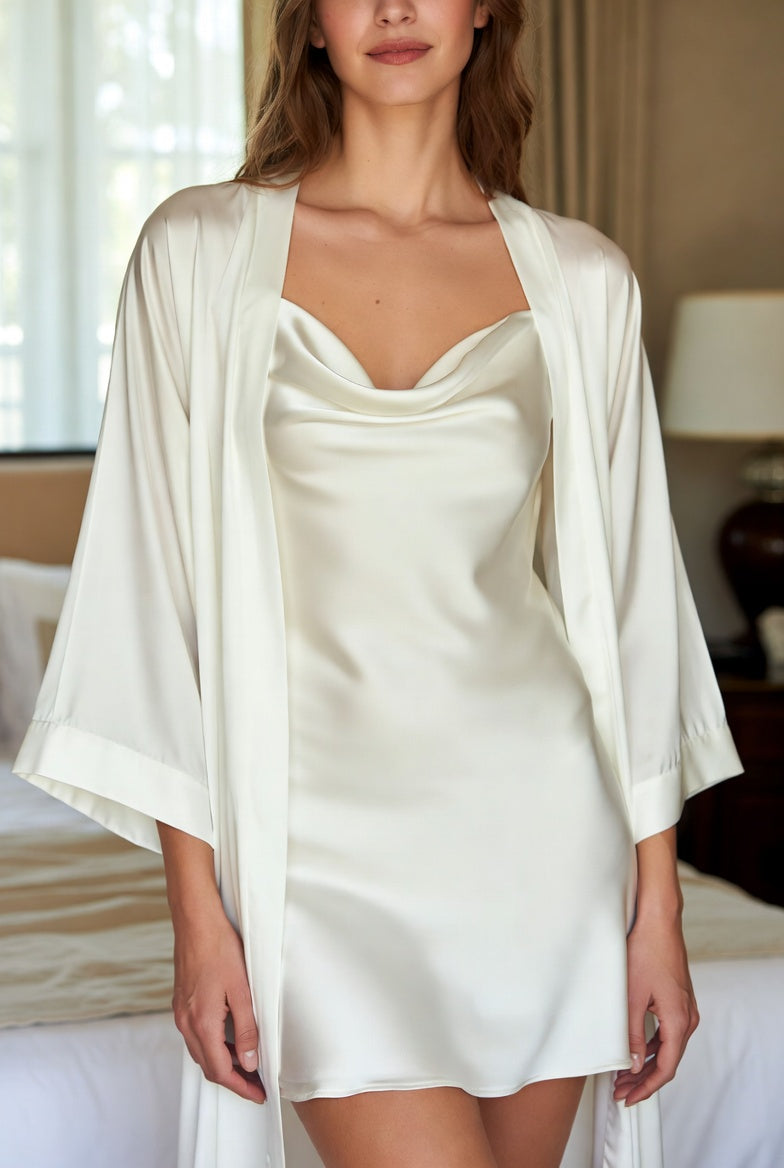 Ivory satin cowl neck slip dress and robe sleepwear set by Soft Noir