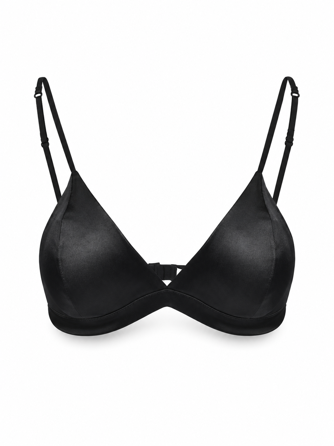 Black satin wireless triangle bra with adjustable straps by Soft Noir