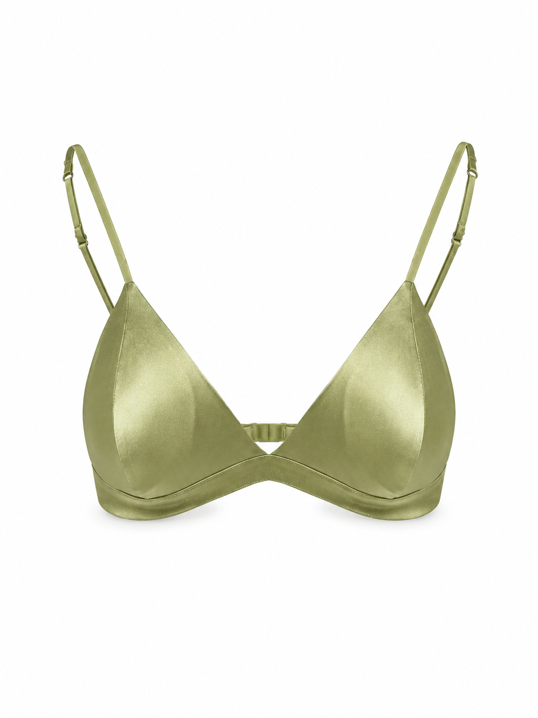 Olive green satin wireless triangle bra with adjustable straps by Soft Noir