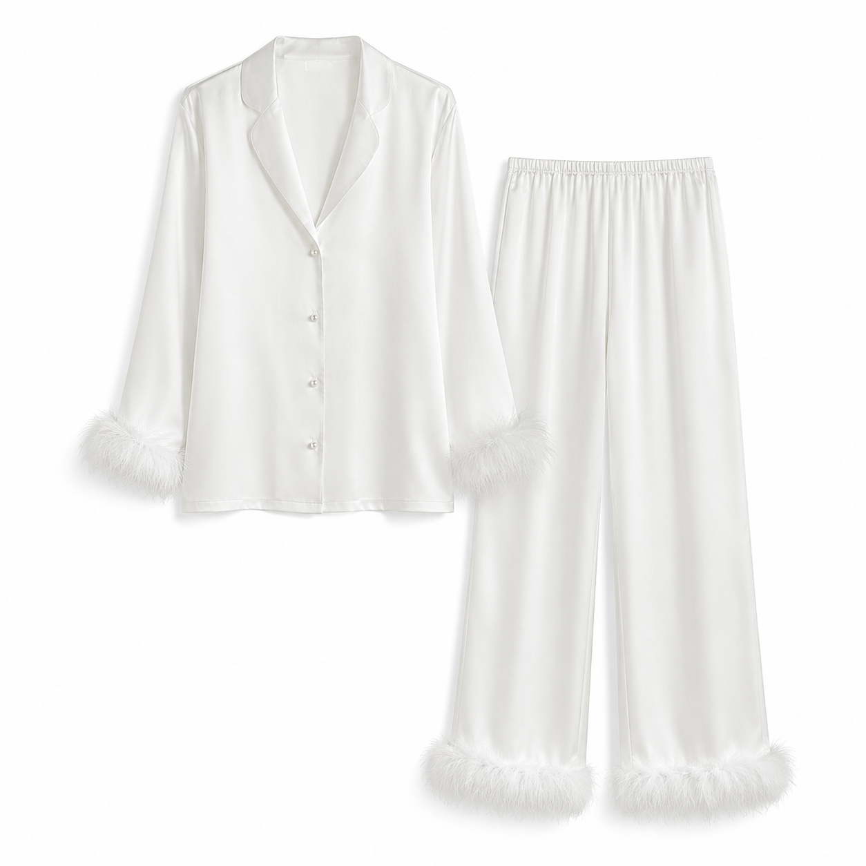 White feather trim satin pajama set with pearl-style buttons and matching long pants
