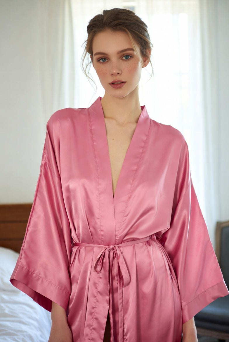 Woman wearing a blush pink silk-like satin kimono robe with tie waist